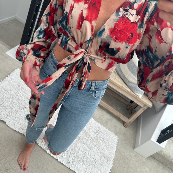 ACOA red & tan holiday dinner date cropped tie long sleeve blouse sexy NWT M - Picture 5 of 15